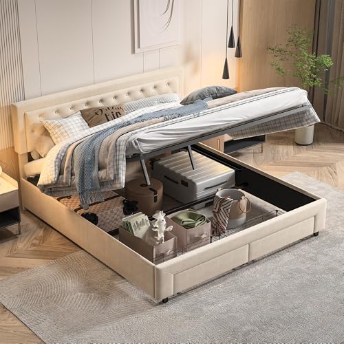 YLSZHY Samt-Polsterbett, hochklappbarer Bettgestell, getufteter Doppelbettrahmen mit 2 Schubladen, Kingsize-Bett mit Kopfteil-Lamellen, keine Matratze (Beige-B 180 x 200 cm) von YLSZHY
