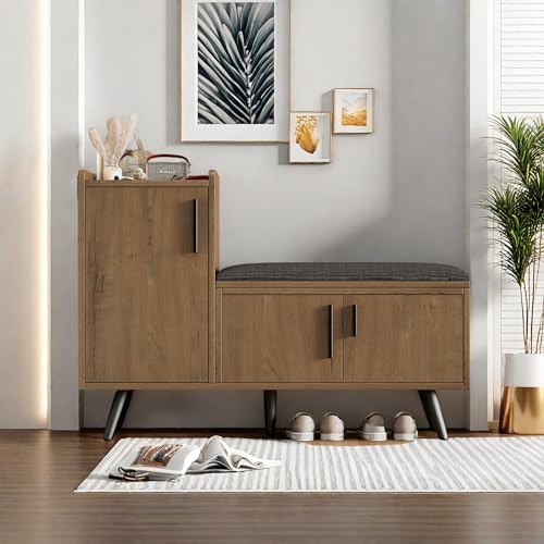 YLSZHY Schuhbank mit Aufbewahrung und 3 Türen, moderner Schuhschrank aus Holz mit gepolstertem Sitz, Schuhschrank für Flur, Eingang, Wohnzimmer, Schlafzimmer (Braun, 3 Türen) von YLSZHY