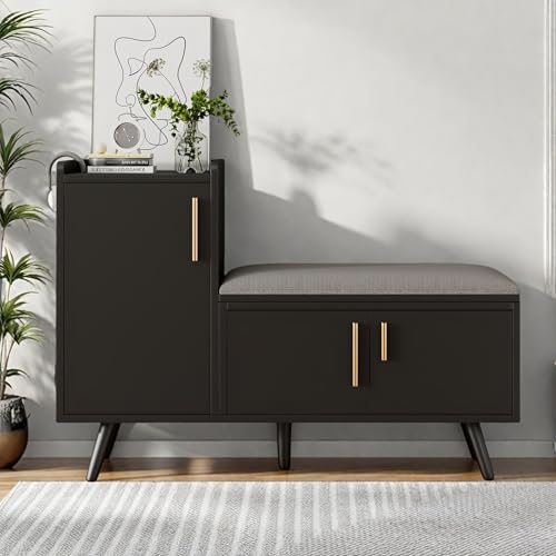 YLSZHY Schuhbank mit Aufbewahrung und 3 Türen, moderner Schuhschrank aus Holz mit gepolstertem Sitz, Schuhschrank für Flur, Eingang, Wohnzimmer, Schlafzimmer (Schwarz, 3 Türen) von YLSZHY