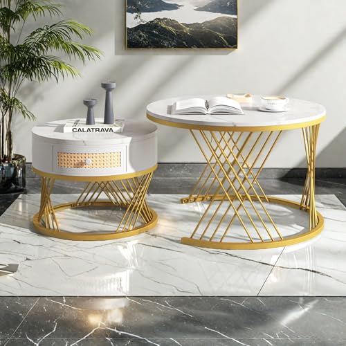 YLSZHY Set mit 2 runden stapelbaren Couchtischen mit Rattan-Schublade und Metallgestell, Couchtisch mit Marmoreffekt für Wohnzimmer, Schlafzimmer oder kleinen Raum (weiß, 1 Schublade) von YLSZHY