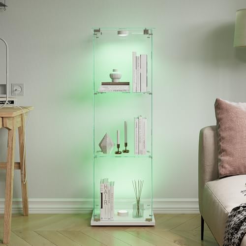 YLSZHY Vitrine aus Glas mit Tür und LED-Beleuchtung, abschließbare Sammlervitrine mit 3 Ebenen, unabhängiges Bücherregal für Wohnzimmer, Schlafzimmer (3 Ebenen mit LED-A, weiß) von YLSZHY