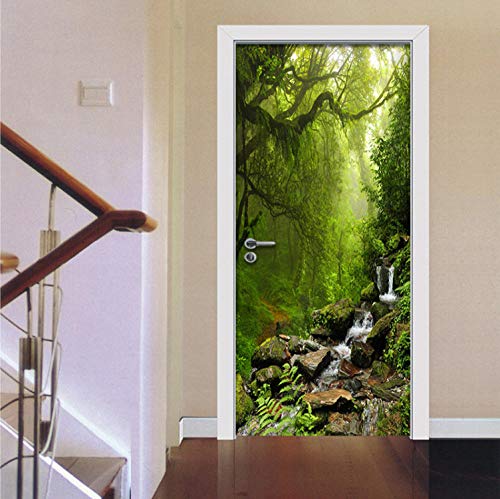 3D Türtapete Grüner Großer Baum, Wasserfall PVC TürPoster Selbstklebend Türaufkleber Türfolie Türsticker Wandbild Poster DIY Fototapete für Wohnzimmer Schlafzimmer Badezimmer Dekoration 88cm*200cm von YLWMBB