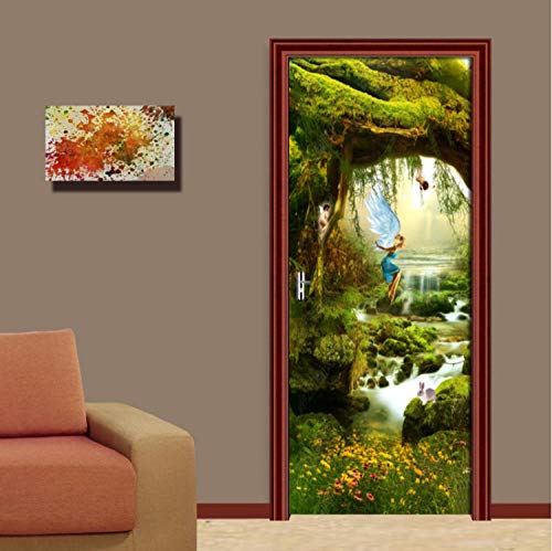 YLWMBB 3D TürPoster Wasserfall, Elfe, Grüner Wald PVC Selbstklebend Türtapete Türaufkleber Türfolie Türsticker Kühlschrank Aufkleber Tapete Home Schlafzimmer Wohnzimmer DIY Dekoration 88cm*200cm von YLWMBB