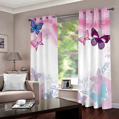 YLWMBB Vorhang Blickdicht mit Ösen 3D Rosa Schmetterling Verdunkelungsvorhang 2er Set Gardine Polyester für Schlafzimmer Kinderzimmer Wohnzimmer Dekoration 150x166cm von YLWMBB