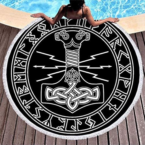 Schwarz Wikinger Hammer Skandinavisch Runen Totem Druck Runder Strandwurf mit Quasten Nordisch Mythologie Stranddecke Keltisch Wikinger Runen Knot Beach Roundie Strandtüch Yoga Mat white 150cm von YM Wand Doktor