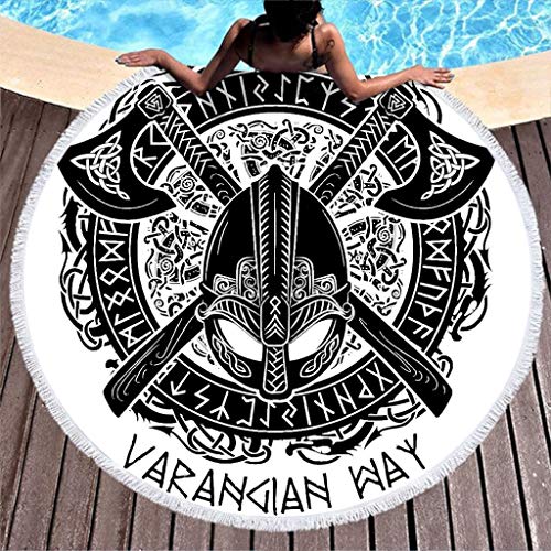 Schwarz Wikinger Helm Gekreuzte Axt Tattoo Druck Runde Strandwurf mit Quasten Keltisch Krieger Wolf Nordisch Runen Totem Stranddecke Nordisch Mythologie Roundie Franse Strandtüch white 59inch von YM Wand Doktor