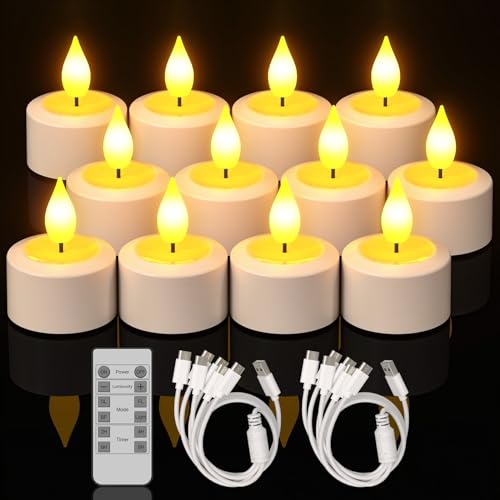 Yme Wiederaufladbare LED Teelichter mit Fernbedienung und Timer, 12 Stück LED Kerzen Flackernde mit Timerfunktion und USB C Ladekabeln für Wohnzimmer Zimmer Halloween Weihnachten Party Deko von Yme