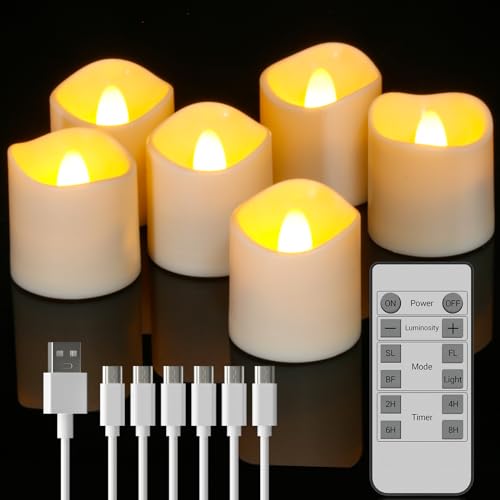 Yme Aufladbar LED Teelichter mit Timer und Fernbedienung, 6 Stück LED Kerzen mit Timerfunktion & Ladekabeln Flackernde Flamme für Wohnzimmer Zimmer Halloween Weihnachten Saisonale Party Deko von Yme