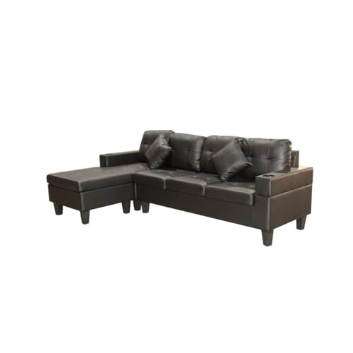 YMGSCC Sektionalsofa-Set für Wohnzimmer mit L-förmiger Chaiselongue, Getränkehalter und linker oder rechter Chaiselongue, 4-Sitzer, schwarzes PU von YMGSCC