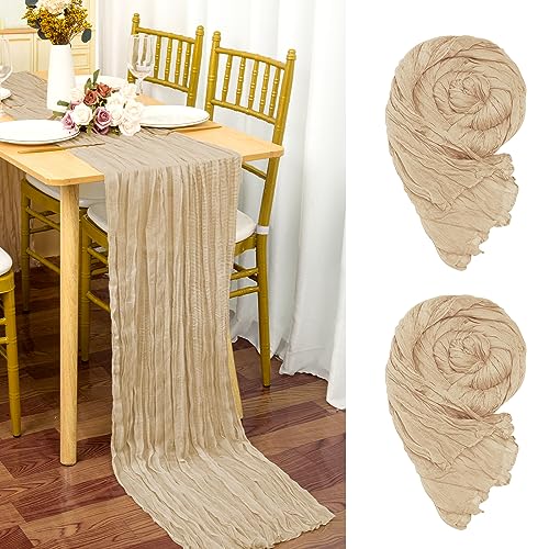 2 Stück Seihtuch-Tischläufer Beige, 90 x 300 cm Hellbraun Rustikaler Gaze-Stoff Boho-Tischläufer Käsetuch Cheesecloth Hochzeit Tischdecke für Hochzeitsfeier Brautparty Tischdekoration von YMHPRIDE