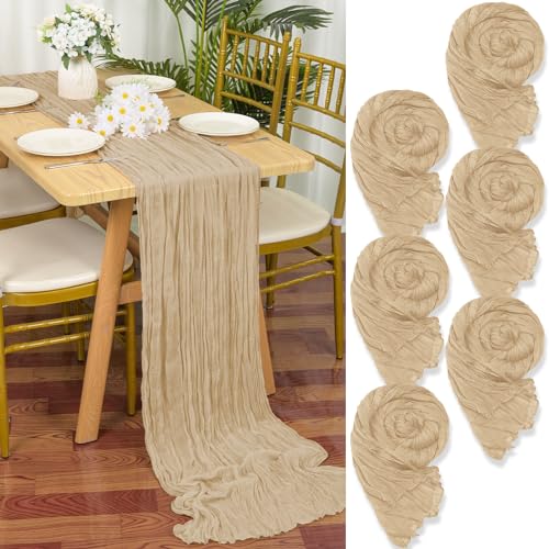 6 Stück Seihtuch-Tischläufer Beige, 90 x 300 cm Hellbraun Rustikaler Gaze-Stoff Boho-Tischläufer Käsetuch Cheesecloth Hochzeit Tischdecke für Hochzeitsfeier Brautparty Tischdekoration von YMHPRIDE