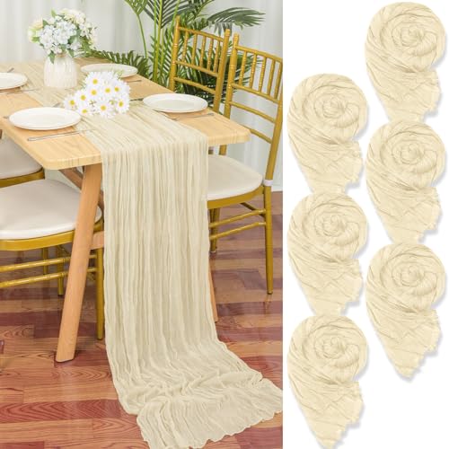 6 Stück Seihtuch-Tischläufer Hell Beige,90 x 300 cm Elfenbein Rustikaler Gaze-Stoff Boho-Tischläufer Käsetuch Cheesecloth Tischläufer Hochzeit Tischdecke für Hochzeitsfeier Brautparty Tischdekoration von YMHPRIDE