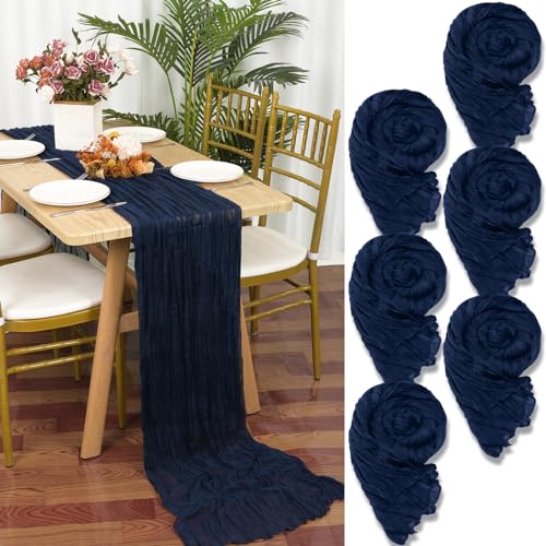 6 Stück Seihtuch Tischläufer Marine Blau,90 x 300 cm Dunkelblau Gaze Stoff Boho Tischläufer Käsetuch Cheesecloth Tischläufer Hochzeit Tischdecke für Hochzeitsfeier Brautparty Tischdekoration von YMHPRIDE