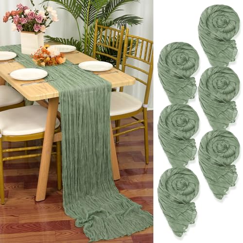 6 Stück Seihtuch Tischläufer Salbeigrün,90 x 300 cm Grün Rustikaler Gaze Stoff Boho Tischläufer Käsetuch Cheesecloth Tischläufer Hochzeit Tischdecke für Hochzeitsfeier Brautparty Tischdekoration von YMHPRIDE