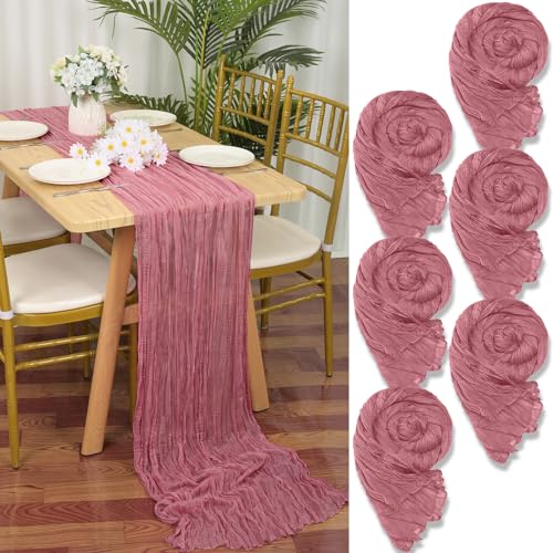 6 Stück Seihtuch Tischläufer Staubige Rose,90 x 300 cm Rosa Rustikaler Gaze Stoff Boho Tischläufer Käsetuch Cheesecloth Tischläufer Hochzeit Tischdecke für Hochzeitsfeier Brautparty Tischdekoration von YMHPRIDE