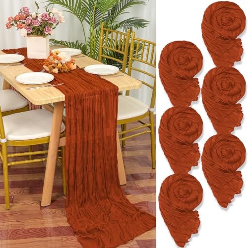 6 Stück Seihtuch Tischläufer Terrakotta,90 x 300cm Rostfarbene Rustikaler Gaze Stoff Boho Tischläufer Käsetuch Cheesecloth Tischläufer Hochzeit Tischdecke für Hochzeitsfeier Brautparty Tischdekoration von YMHPRIDE