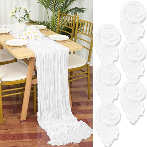 6 Stück Seihtuch Tischläufer Weiß,55 x 300 cm Weiß Rustikaler Gaze Stoff Boho Tischläufer Käsetuch Cheesecloth Tischläufer Hochzeit Tischdecke für Hochzeitsfeier Brautparty Tischdekoration von YMHPRIDE