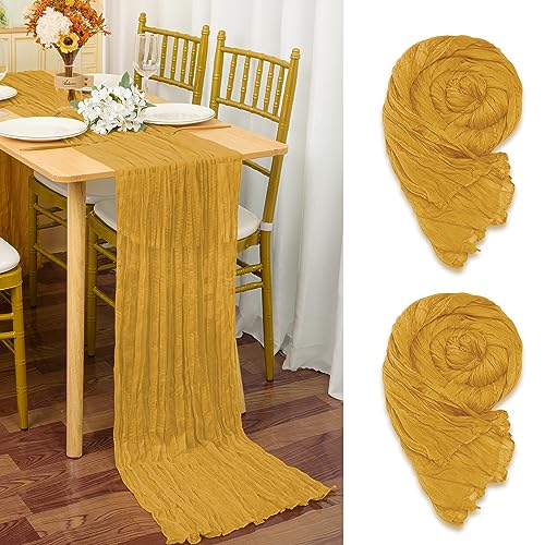 YMHPRIDE 2 Stück Seihtuch Tischläufer Senfgelb,90 x 300cm Gelb Käsetuch Tischläufer Rustikaler Gaze Stoff Boho Cheesecloth Hochzeit Tischläufer für Hochzeitsfeier Brautparty Tischdekoration von YMHPRIDE