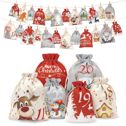 YMIFEEY Adventskalender zum Befüllen, 24 Adventskalender Säckchen Selber Befüllen, 2 Größen Weihnachtskalender zum Befüllen Groß & Klein Adventskalender Stoffbeutel Tüten für Kinder Frauen Männer von YMIFEEY