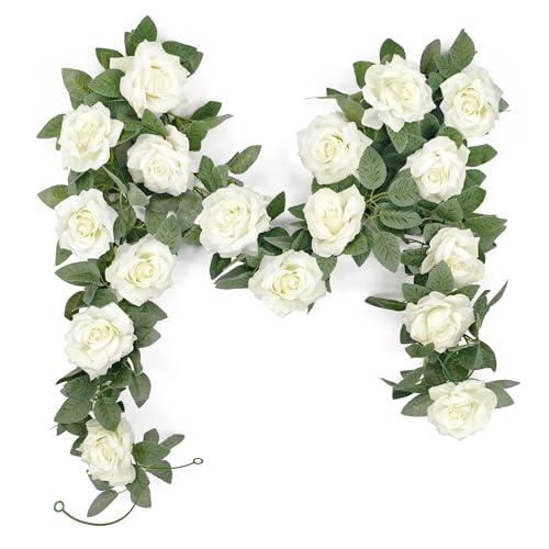 YMIFEEY 2 x 2m Blumengirlande Künstlich Weiße Rosen Blumen Girlande Deko Kunstblumen Hängend Rosengirlande Blumenranken Frühling Blumenkette für Hochzeit Tischdeko Party Blumenwand Fahrrad (2*Weiß) von YMIFEEY