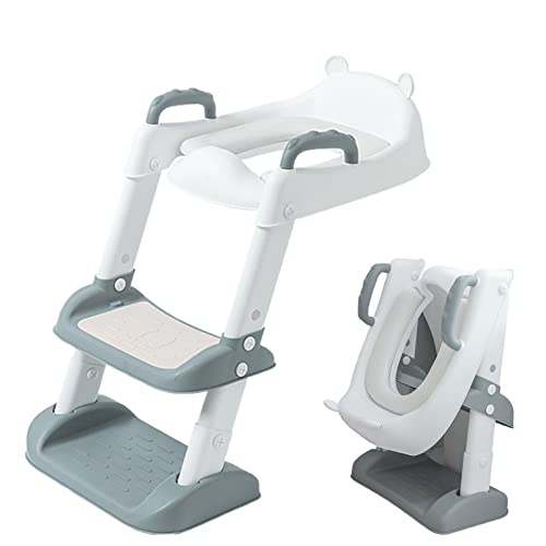 Toilettensitz Kinder mit Treppe, Armlehne und PU Gepolstert Toilettensitz,Rutschfester, höhenverstellbarer klappbarer Faltbar WC Trainer mit, für Kinder ab 1-7 Jahren(grau) von YMISII