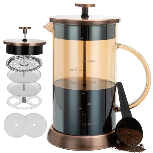 YMMIND French Press Kaffeemaschine, Espresso-Kaffeemaschine, Kupfer, kaltgebrüht, hitzebeständig, verdickte Borosilikat-Kaffeekanne mit 4 Edelstahl-Filtersieben von YMMIND