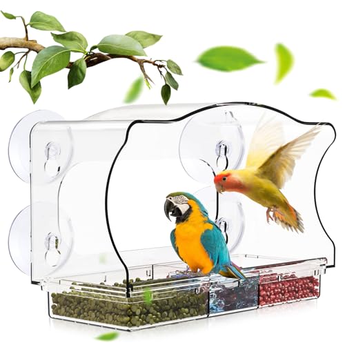 Vogelhaus Fensterscheibe, Transparent Fenster Futterhaus für Vögel mit SaugnäPfen Großes Acryl Vogelfutterspender mit 2 Zellen Vogelfutterhaus für Kleine Wildvögel (24.5x10x14cm) von YMTWSRY