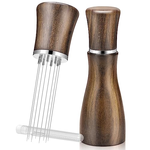 WDT Tools Espresso-Verteilerwerkzeug, extra 8 x 0,4 mm, 304 Edelstahl-Nadeln, Espresso-Kaffee-Rührer, Griff und Ständer aus Naturholz von YMWVH