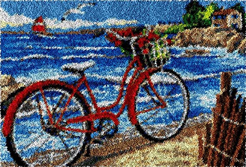 YMXCNM Knüpfteppich Set Rug Kits Für Erwachsene,Kreative Diy-Näharbeiten,Die Einen Großen Teppich Herstellen,Mit Vorgedruckten Seaside-Bikes-Mustern,Leinwandteppich,Handarbeit,Stickset,Wandteppich von YMXCNM