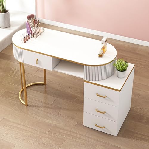 Professioneller Nagelschreibtisch aus Holz,Maniküretisch mit Schubladen und 3-Schicht-Aufbewahrungsschrank für Schönheitssalons,Wohnungen,Kosmetikgeschäfte und Spas(White Gold With Cabinet 100cm) von YMXEURSC