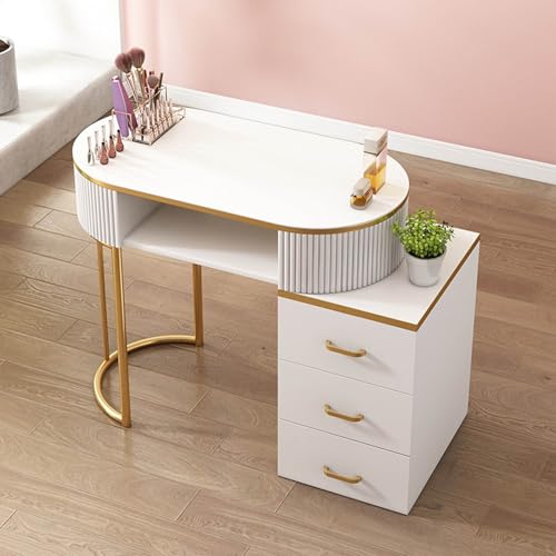 Professioneller Nagelschreibtisch aus Holz,Maniküretisch mit Schubladen und 3-Schicht-Aufbewahrungsschrank für Schönheitssalons,Wohnungen,Kosmetikgeschäfte und Spas(White Gold With Cabinet 80cm) von YMXEURSC