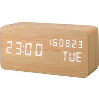 YMYNY Künstlicher LED-Wecker aus Holz, geräuschaktivierte Digitaluhr, mit Temperatur-/Luftfeuchtigkeits-/Helligkeitskalender, Batterie/USB-Stecker YMYNY Künstlicher LED-Wecker aus Holz, geräuschaktivierte Digitaluhr, mit Temperatur-/Luftfeuchtigkeits-/Helligkeitskalender, Batterie/USB-Stecker von YMYNY
