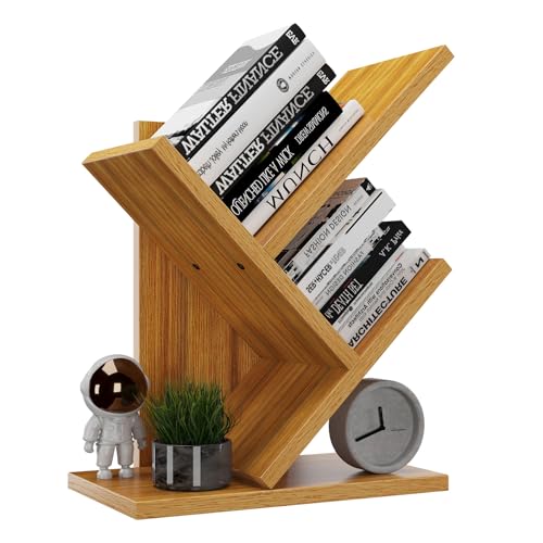 YMYNY Baum Bücherregal, 2-Tier Boden stehende Bücherregal, Aufbewahrungsregal für Bücher, Ausstellungsbuch, Zeitschriften CDs für Wohnzimmer, natürliche Farbe HBC012N von YMYNY