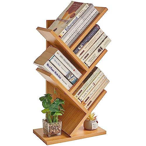 YMYNY Bücherregal im Baumform, 4 Ebenen Raumteiler, Standregal, 30x17x60 cm, Platzsparend, Holzregal für Bücher, CDs, Spiele, Dekoration, für Schlafzimmer, Wohnzimmer, Büro, Naturfarben HBC014N von YMYNY