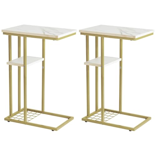 YMYNY Beistelltisch Kaffeetisch C-Form, Eleganter Kleiner Sofatisch, Industrie-Design 2er-Set,40 X 26 X 61.5 cm,Schlafzimmer Wohnzimmer, Marmormuster weiß und Gold HST004W-2 YMYNY Beistelltisch Kaffeetisch C-Form, Eleganter Kleiner Sofatisch, Industrie-Design 2er-Set,40 X 26 X 61.5 cm,Schlafzimmer Wohnzimmer, Marmormuster weiß und Gold HST004W-2 von YMYNY