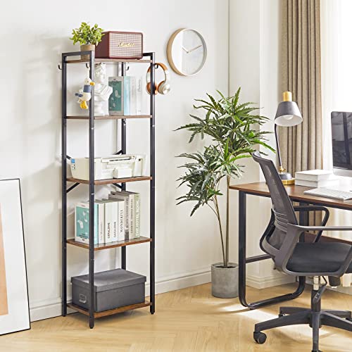 YMYNY Bücherregal, 5-stöckiges Aufbewahrungsregal, Pflanzenregal, Aufbewahrungsregal mit Stahlrahmen, für Wohnzimmer, Büro, Arbeitszimmer, Flur, Industriestil, rustikales Braun HBC005H von YMYNY