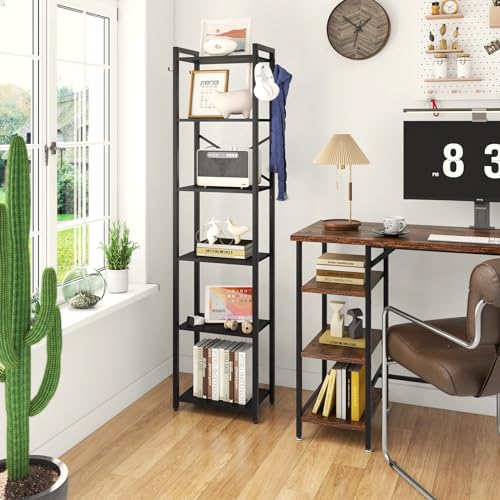 YMYNY Bücherregal, 6-stöckiges Aufbewahrungsregal, Pflanzenregal, Aufbewahrungsregal mit Stahlrahmen, für Wohnzimmer, Büro, Arbeitszimmer, Flur, Industriestil,Schwarz HBC001B von YMYNY