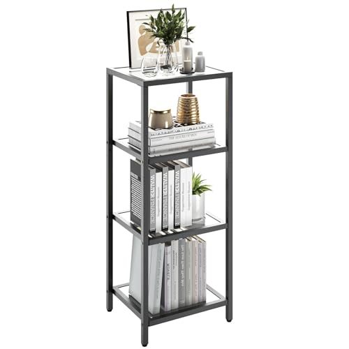 YMYNY Bücherregal, Standregale, Regal mit 4 Ablagen, Badregal, Gehärtetes Glas, Einfache Montage, für Badezimmer, Wohnzimmer, Küche, Büro, 35×30×94CM Schwarz HGD004B von YMYNY