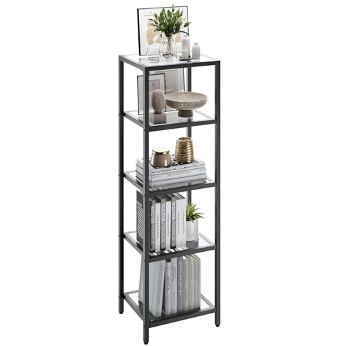 YMYNY Bücherregal, Standregale, Regal mit 5 Ablagen, Badregal, Gehärtetes Glas, Einfache Montage, für Badezimmer, Wohnzimmer, Küche, Büro, 35×30×123CM Schwarz HGD005B von YMYNY