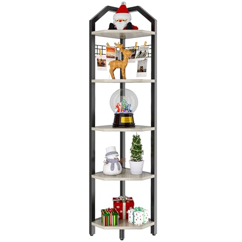 YMYNY Eckregal stehend, Bücherregal mit 5 Ablagen, Drahtgeflecht, 28x28x176cm, Leiterregal, Pflanzenregal für Wohnzimmer, Schlafzimmer, Küche, Balkon, Industrial-Design, Grau HBR006Y von YMYNY