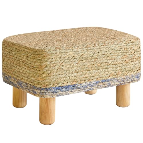 YMYNY Fußhocker Rechteckige Fußstütze Natur Seegras Fußhocker mit Holzbeinen Handweben Multifunktional Modern Sitzkissen Ottomane Sofa Beistelltisch für Wohnzimmer Schlafzimmer 42×30×26CM Blau HBD043Q von YMYNY