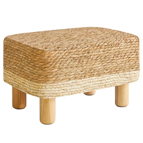 YMYNY Fußhocker Rechteckige Fußstütze Natur Seegras Fußhocker mit Holzbeinen Handweben Multifunktional Modern Sitzkissen Ottomane Sofa Beistelltisch für Wohnzimmer Schlafzimmer 42×30×26CM Weiß HBD043W von YMYNY