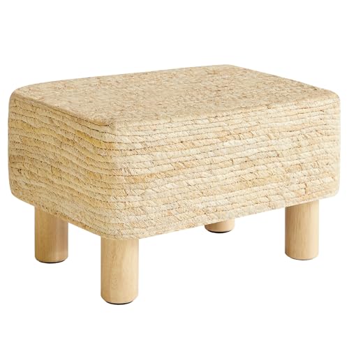 YMYNY Fußhocker Rechteckige Fußstütze Natur Seegras Fußhocker mit Holzbeinen Handweben Multifunktional Sitzkissen Ottomane Sofa Beistelltisch für Wohnzimmer Schlafzimmer 42×30×26CM Beige HBD043M von YMYNY