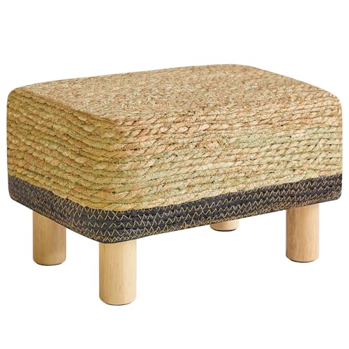 YMYNY Fußhocker Rechteckige Fußstütze Natur Seegras Fußhocker mit Holzbeinen Handweben Multifunktional Sitzkissen Ottomane Sofa Beistelltisch für Wohnzimmer Schlafzimmer 42×30×26CM Schwarz HBD043B von YMYNY