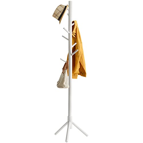 YMYNY Garderobenständer aus Massivholz, Kleiderständer mit 8 Haken, Freistehende Garderobe in Baumform, für Jacken, Hüte, Taschen, Eingangsbereich, Flur(Weiß) HD-HRF-1194 von YMYNY