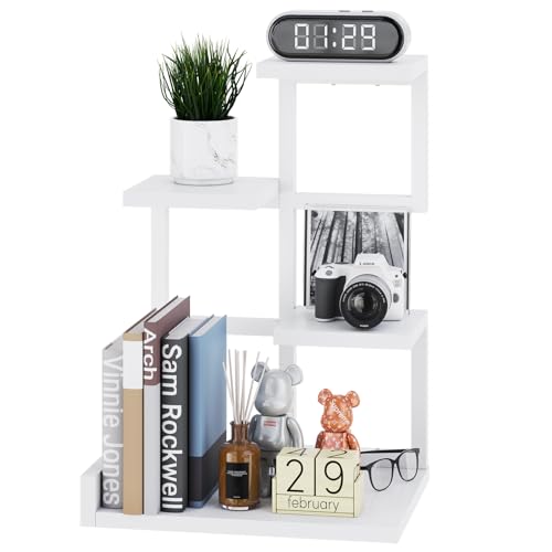 YMYNY Holz Schreibtisch Regal, 4-Tier Speicher Display Rack, Schreibtisch Regal Organizer Kleines Bücherregal mit Metallrahmen für Bücher, Pflanzen, 31 x 24 x 44.5cm, Weiß HSR007W von YMYNY