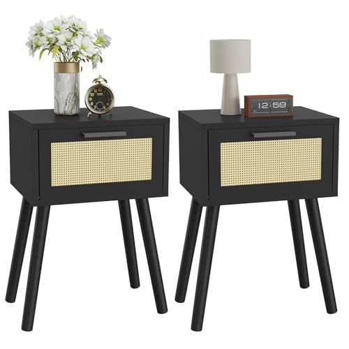 YMYNY Rattan Nachttisch 2er Set, Beistelltisch, Boho-Nachtschrank mit Magnetschublade, Massivholz Beinen, 35x27x53 cm, Sofatisch, Couchtisch für Wohnzimmer, Büro, Schlafzimmer, Schwarz HST010B-2 YMYNY Rattan Nachttisch 2er Set, Beistelltisch, Boho-Nachtschrank mit Magnetschublade, Massivholz Beinen, 35x27x53 cm, Sofatisch, Couchtisch für Wohnzimmer, Büro, Schlafzimmer, Schwarz HST010B-2 von YMYNY