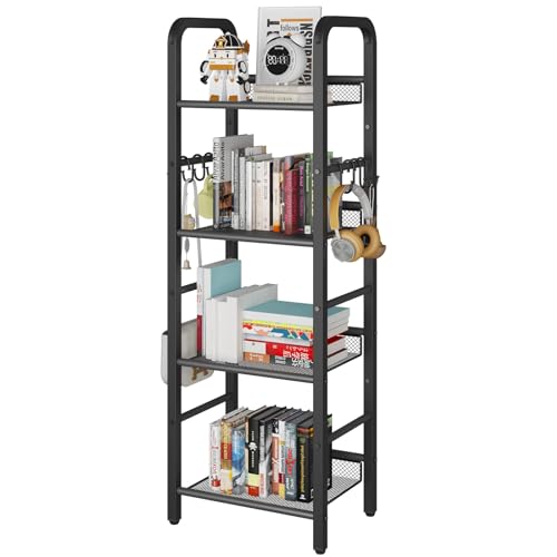 YMYNY Standregal, Bücherregal, Lagerregal mit 5 Ebenen, 8 Stück S Haken, Metallrahmen, freistehend, minimalistischer Stil, Organiser für Wohnzimmer, Home Office, Schlafzimmer, Schwarz HBC054B von YMYNY