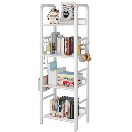 YMYNY Standregal, Bücherregal, Lagerregal mit 4 Ebenen, 8 Stück S Haken, Metallrahmen, freistehend, minimalistischer Stil, Organiser für Wohnzimmer, Home Office, Schlafzimmer, Badzimmer, Weiß HBC054W von YMYNY