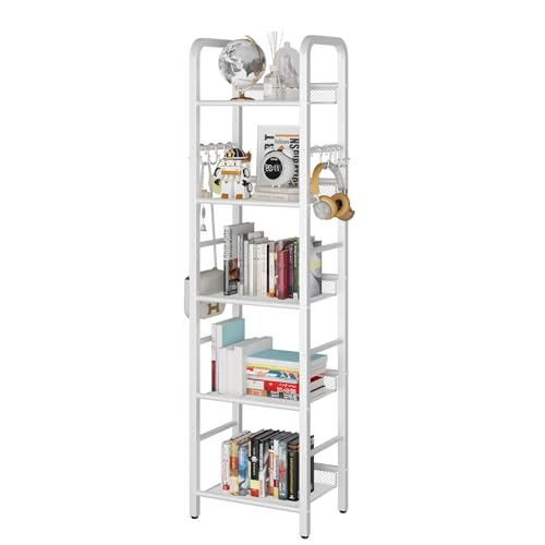 YMYNY Standregal, Bücherregal, Lagerregal mit 5 Ebenen, 8 Stück S Haken, Metallrahmen, freistehend, minimalistischer Stil, Organiser für Wohnzimmer, Home Office, Schlafzimmer, Badzimmer, Weiß HBC055W von YMYNY